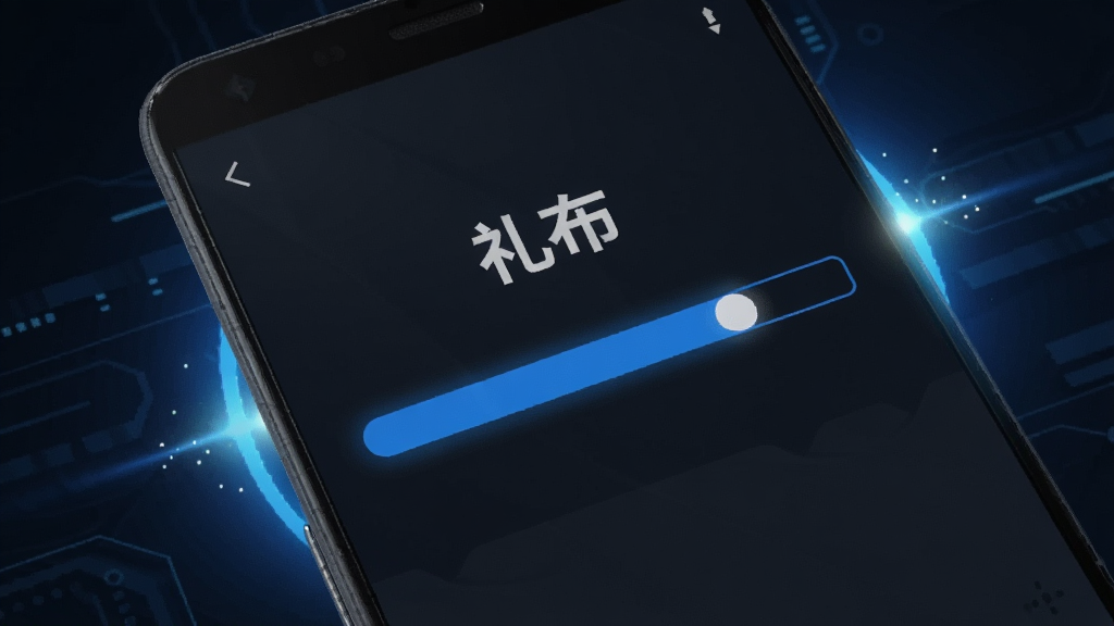 一部安卓手机屏幕显示礼布应用正在快速安装的进度条界面,画面中有“礼布”文字标识,安装进度条为蓝色,背景为深色科技感风格,周围有光效点缀,突出轻量快速的视觉感受,画质清晰干净