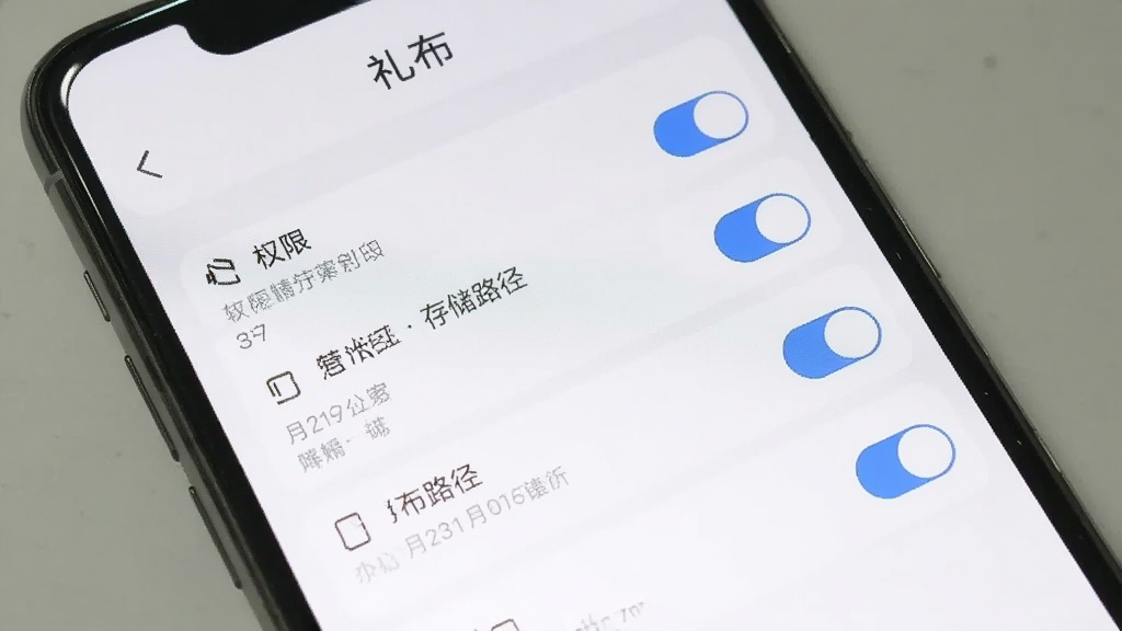 一部手机展示礼布软件的设置页面,画面中手机屏幕显示权限管理和存储路径选项,顶部有“礼布”字样,界面为白色背景配蓝色开关按钮,布局清晰,画质干净,无多余装饰