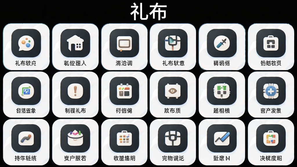 礼布软件功能展示图,画面以网格形式排列多个功能图标,每个图标下方标注功能名称,顶部有“礼布”标题,整体风格统一为圆角图标配浅色背景,画面整洁有序,画质高清,无杂乱元素
