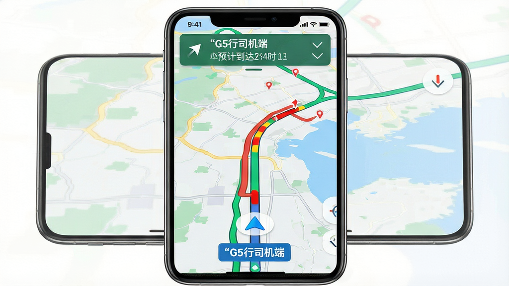 һ�ű���ʵʱ·���뵼�����ܵ�AI��ͼ������Ϊ�ֻ���Ļ����ʾ���к����·����ɫ�ĵ�ͼ·�ߣ����ֲ���ȫ����ͼ������ͼ�����Ϊдʵ����������ϸ�ڰ���·�߹켣��ӵ��·�κ�ɫ��ע��������ͷ��Ԥ�Ƶ���ʱ�䣬ͼƬ�����ּ����ű�ע