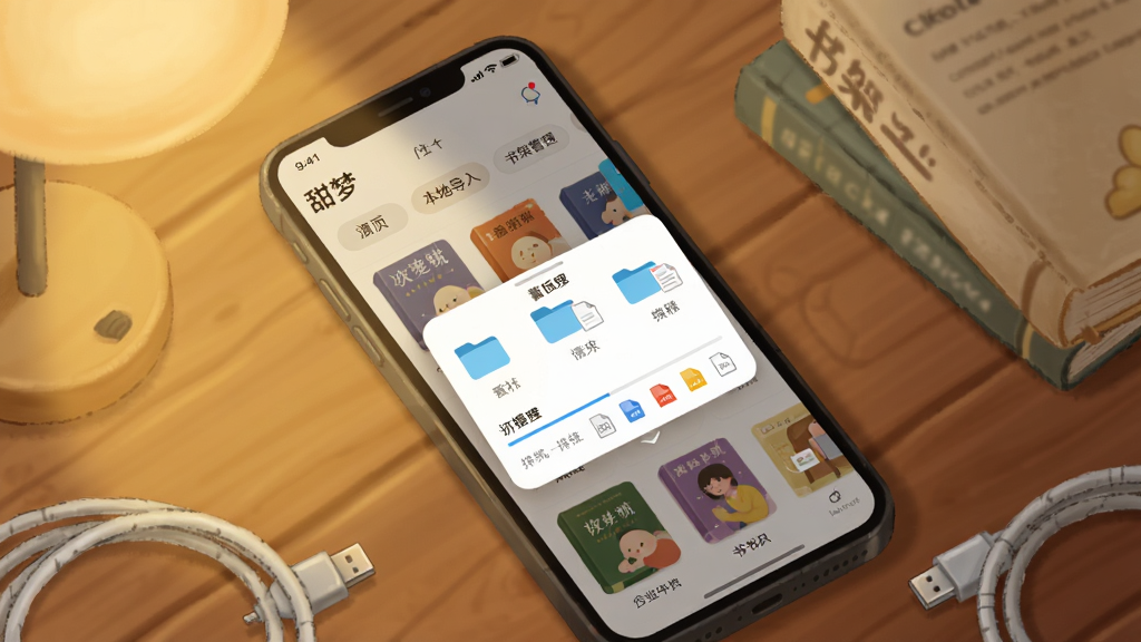 画面主体为「甜梦」应用的本地导入与书架管理界面,手机屏幕中显示文件夹选择弹窗与分组书架,布局采用手机斜放于木质桌面、旁边散落几本纸质书与数据线,排版上弹窗位于屏幕中央、书架分组标签位于顶部,风格为温暖生活化插画,细节包括暖黄色台灯光晕、书籍封面倒影、导入进度条与文件格式图标,画质清晰、干净、无多余元素