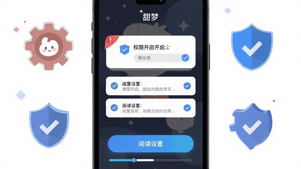 画面主体为「甜梦」应用的新手设置引导界面,手机屏幕显示权限开启提示与阅读设置面板,布局采用手机竖屏居中、周围环绕齿轮与盾牌图标,排版上设置选项从上到下依次排列、高亮按钮位于底部,风格为扁平化教学插画,细节包括红色警示角标、蓝色对勾图标、灰色提示文字与进度指示条,画质清晰、干净、无多余元素