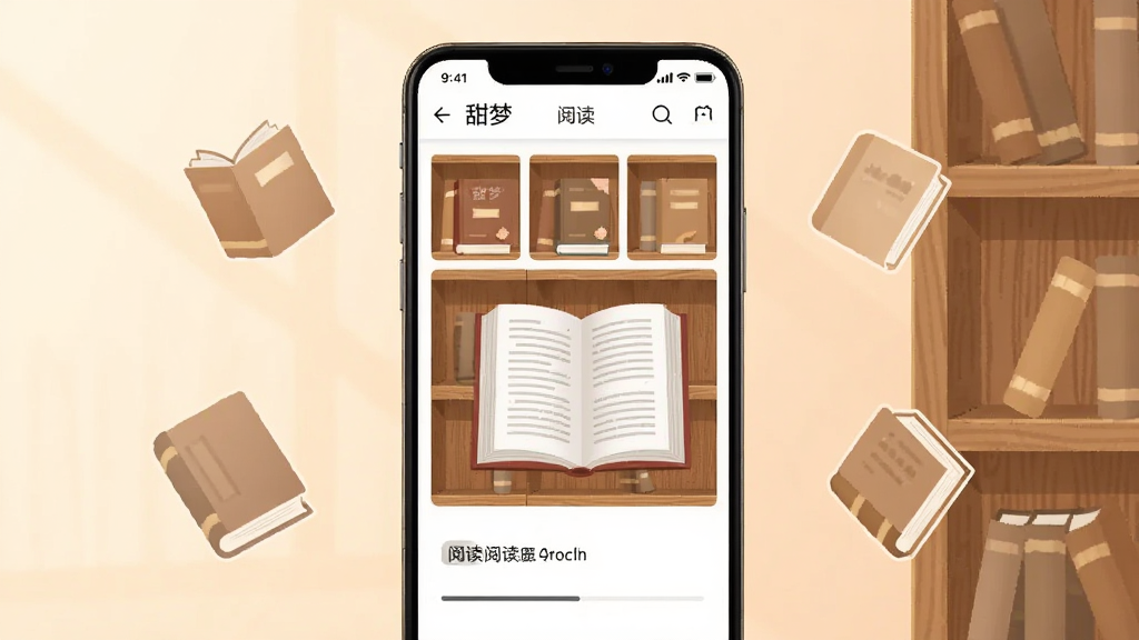 画面中央放置一部竖屏安卓手机,手机屏幕内显示「甜梦」小说阅读器的主界面,界面中有书架网格布局与一本翻开的电子书,主体突出手机与书架的层次感,布局采用居中对称构图,排版上屏幕界面占画面三分之二,风格为现代扁平化数字插画,细节包括柔和暖色背景、木质书架纹理、漂浮的书本轮廓与阅读进度条元素,画质清晰、干净、无多余元素