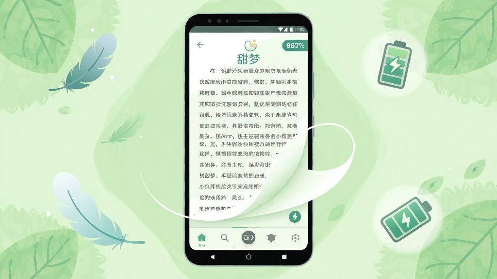 画面主体为「甜梦」应用在安卓手机上的轻量运行示意,手机屏幕显示阅读界面与底部导航栏,布局采用手机居中、周围环绕羽毛与电池图标,排版上阅读正文占据主要区域、导航栏位于底部,风格为极简清新插画,细节包括浅绿色背景、叶片纹理、电量百分比小标签与流畅的翻页弧线,画质清晰、干净、无多余元素