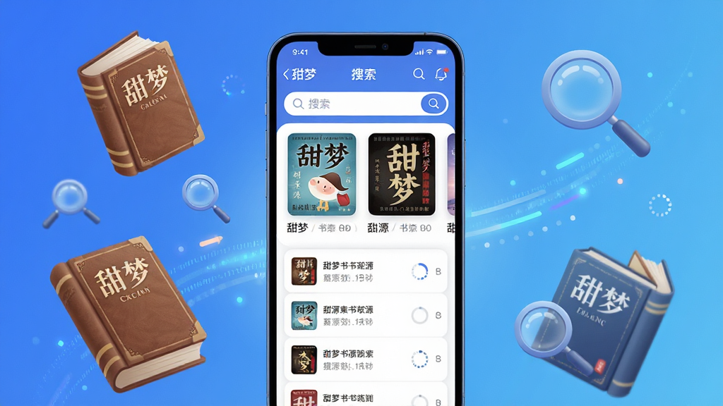 画面主体为「甜梦」应用内的搜索聚合界面,手机屏幕中显示多本书籍封面与多条书源线路列表,布局采用手机悬浮于画面中央、周围环绕漂浮的书本与放大镜图标,排版上搜索框位于顶部、线路列表依次向下排列,风格为清爽科技感插画,细节包括蓝色渐变背景、数据流光效、书脊纹理与加载进度小圆点,画质清晰、干净、无多余元素