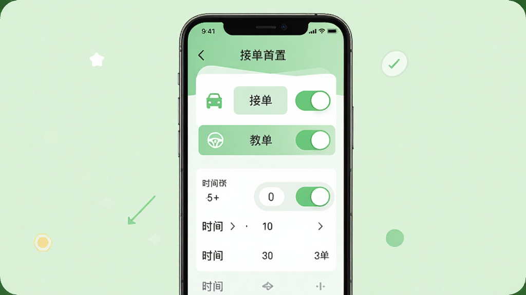 ˳�糵���г�����ӵ����ý��棬�����������ֻ���Ļչʾ���ֽӵ�ģʽ�л���ť��ƫ������ѡ�������ǳ��ɫ���·��ϸ�ڰ���ģʽͼ�ꡢ���ذ�ť��ʱ��ѡ�����������������ɾ����޶���Ԫ��