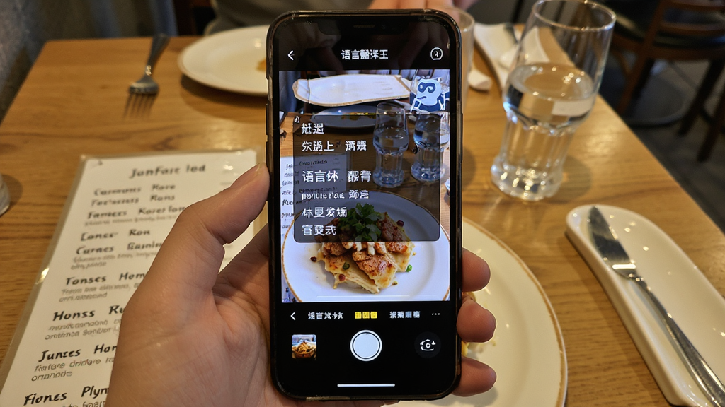 手机摄像头对准一份英文菜单拍摄,屏幕中“语言翻译王”拍照翻译界面将英文菜品名翻译成中文并叠加显示,背景是餐厅桌面,风格生活化写实,布局为手机居中显示翻译浮层,画质高清干净,无多余元素