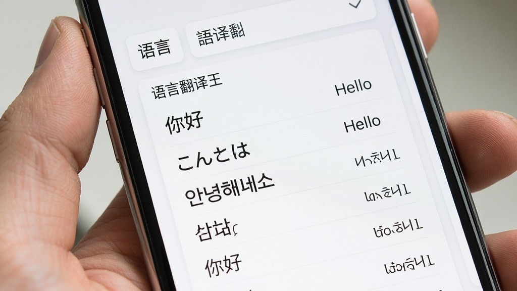 手机屏幕特写,界面展示“语言翻译王”多语种翻译列表,中文“你好”对应英文“Hello”、日文“こんにちは”、韩文“”等多行译文排列,背景为白色卡片式布局,顶部有语言选择下拉框,风格干净简约,画质清晰,无多余装饰元素