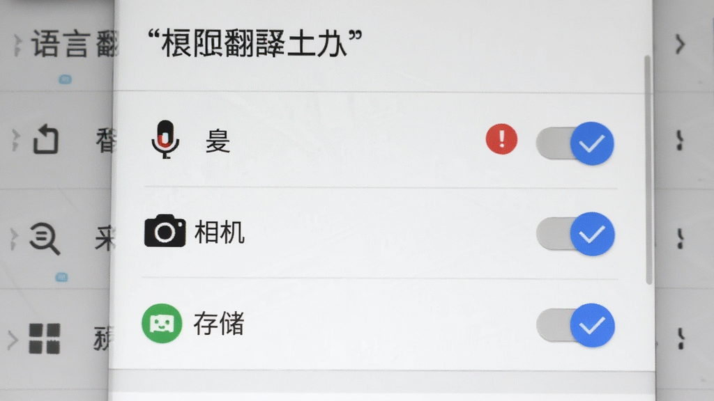 安卓手机设置界面展示“语言翻译王”权限管理页面,包含麦克风、相机、存储三项权限开关,旁边有红色感叹号和蓝色对勾标注,背景为手机系统设置列表,风格写实清晰,画质高清干净,无多余元素