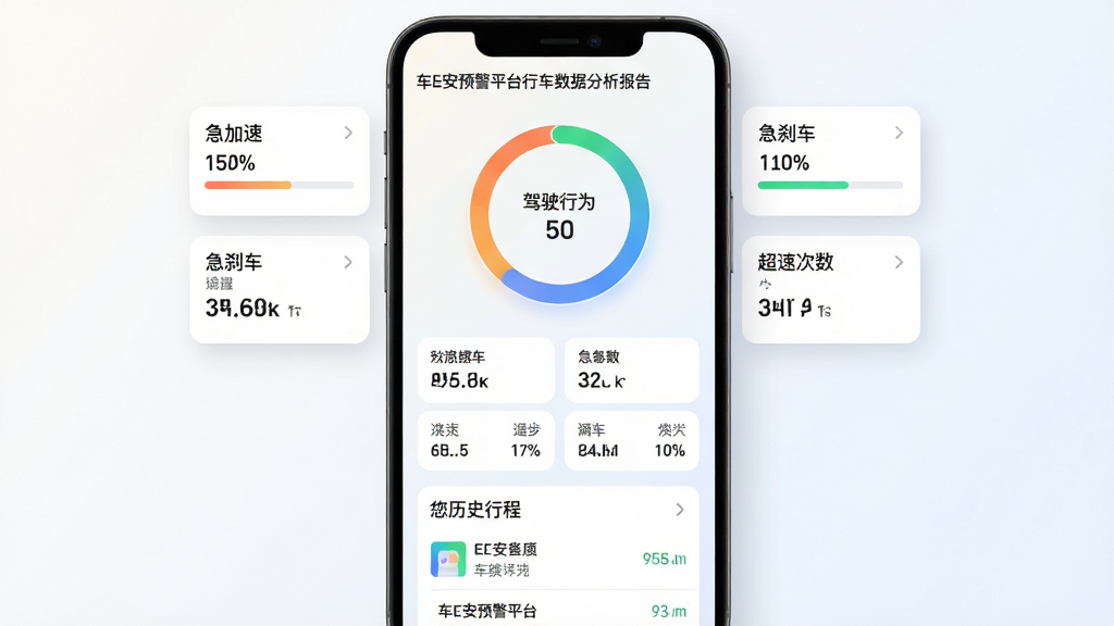 车E安预警平台行车数据分析报告页面,画面为手机竖屏显示,屏幕内展示驾驶行为评分环形图,周围分布急加速、急刹车、超速次数等数据卡片,下方为历史行程列表,背景为浅色渐变,布局为上方环形评分、中部数据网格、下方列表,风格为清新数据可视化风格,细节包含彩色数据条、圆角卡片、柔和阴影,画质高清,干净,无多余元素