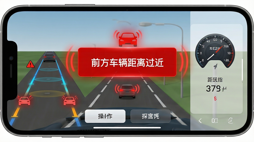 车E安预警平台实时风险预警功能界面截图,画面主体为手机横屏显示,屏幕中央弹出红色预警提示框,文字内容为