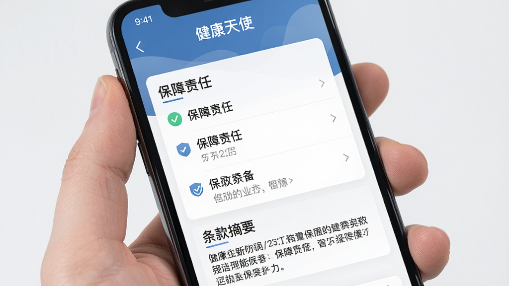 手机屏幕显示“健康天使”应用的保障权益查询页面,页面中有保障责任列表和条款摘要,界面布局清晰,配色沉稳,画质干净,无多余元素