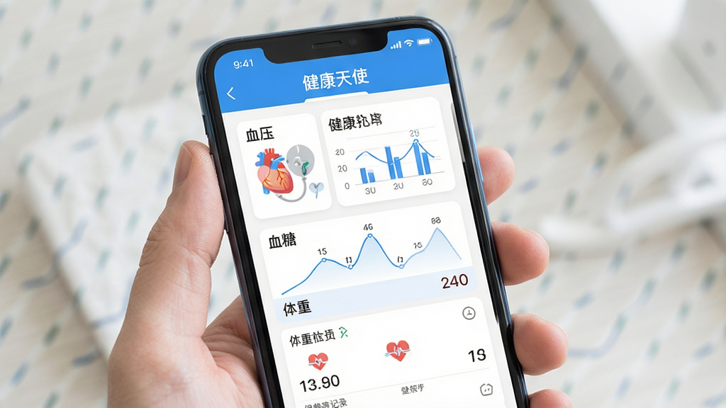 手机屏幕展示“健康天使”应用中的健康档案页面,页面内有血压、血糖、体重等数据图表和记录列表,界面清爽,配色以蓝白为主,画质干净,无多余元素