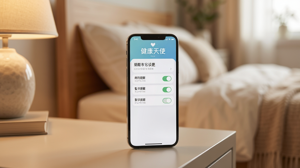 一部手机放置在床头柜上,屏幕显示“健康天使”应用的提醒设置界面,有用药提醒和复诊提醒的开关按钮,背景为温馨的卧室环境,风格柔和,画质清晰,无多余元素