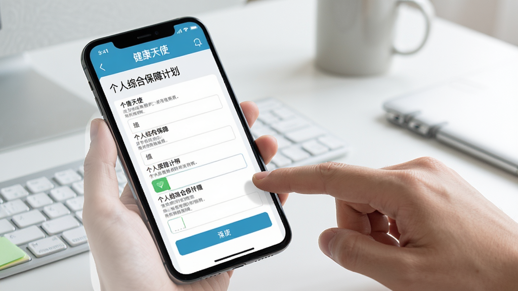 一部智能手机屏幕上显示“健康天使”应用的个人综合保障计划填写页面,页面中有清晰的表单字段和填写提示,旁边有手指点击屏幕的示意,背景为整洁的桌面环境,风格写实,画质清晰,无多余元素