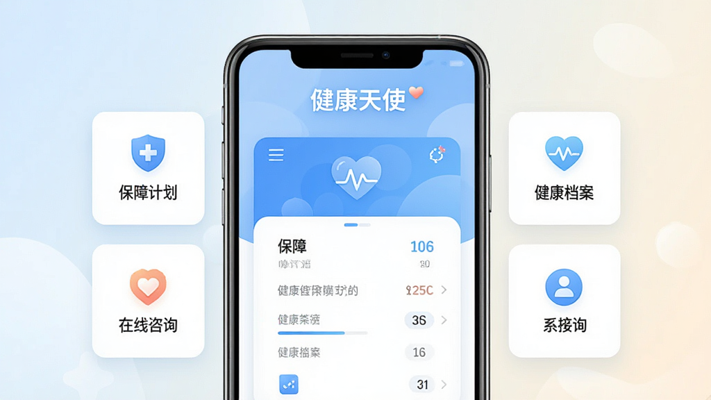 一款名为“健康天使”的手机应用主界面展示,画面中央是简洁的蓝白色健康管理仪表盘,上方有“健康天使”文字标识,周围环绕着保障计划、健康档案、在线咨询等功能卡片,背景为柔和的浅色渐变,整体风格干净现代,画质清晰,无多余元素