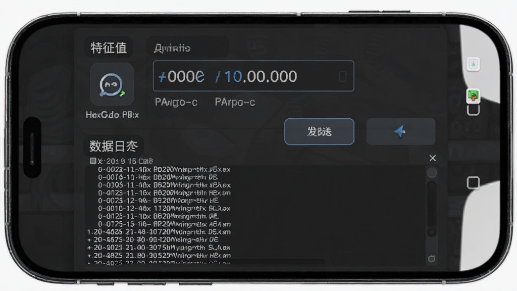 主体为SmallGoGo软件数据交互界面,布局为手机屏幕展示读写操作面板,排版为上方特征值列表下方数据日志窗口,风格为深色主题开发者风格,细节包括Hex数据输入框、发送按钮、实时滚动日志、时间戳标记,画质高清干净无多余元素