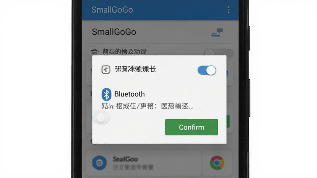 主体为手机屏幕显示SmallGoGo权限设置与蓝牙连接提示弹窗,布局为手机居中,排版为弹窗覆盖在应用界面之上,风格为安卓原生设置界面风格,细节包括权限开关、蓝牙图标、确认按钮,画质清晰干净无多余元素