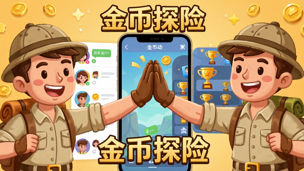 一张金币探险社交互动功能的宣传图,画面主体是两位卡通探险家角色在手机屏幕前击掌,屏幕内显示好友列表和排行榜界面,布局上角色在屏幕两侧,手机在中间,排版对称,风格为温馨卡通风格,细节包括好友头像、聊天气泡、排行榜奖杯,画质清晰干净,画面中打文字“金币探险”