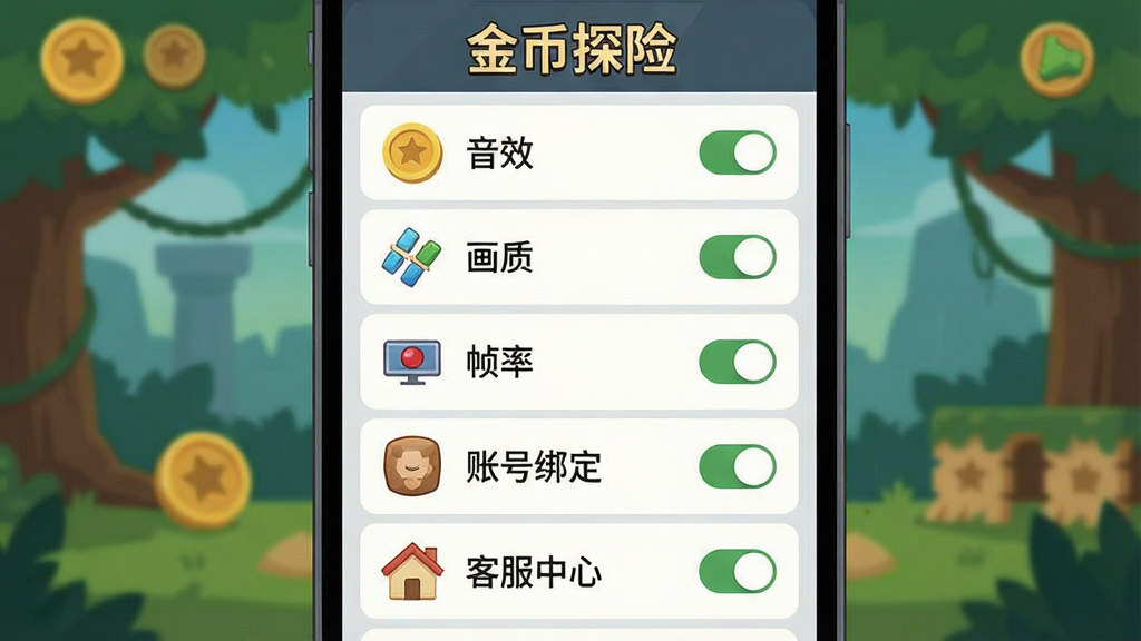一张金币探险游戏设置界面的截图风格插画,画面主体是手机屏幕显示游戏设置菜单,菜单项包括音效、画质、帧率、账号绑定、客服中心等,布局为竖向列表,排版清晰,风格为简洁扁平化,细节包括图标、开关按钮、文字标签,画质干净无多余元素,画面中打文字“金币探险”