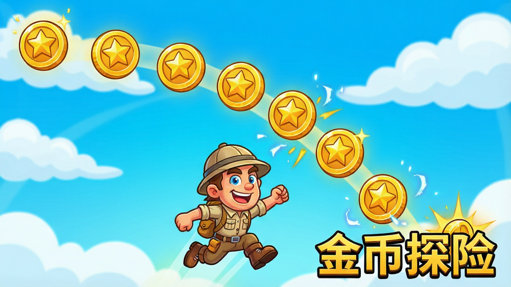 一张金币探险游戏内金币收集场景的图片,画面主体是探险家角色跳跃在空中收集一排排金色硬币,金币呈现抛物线轨迹,背景是明亮的天空和漂浮的云朵,布局上角色位于画面下方三分之一处,金币从左上向右下排列,排版动感十足,风格为鲜艳的卡通风格,细节包括金币上的星星纹理、角色表情、收集特效,画质清晰干净,画面中打文字“金币探险”