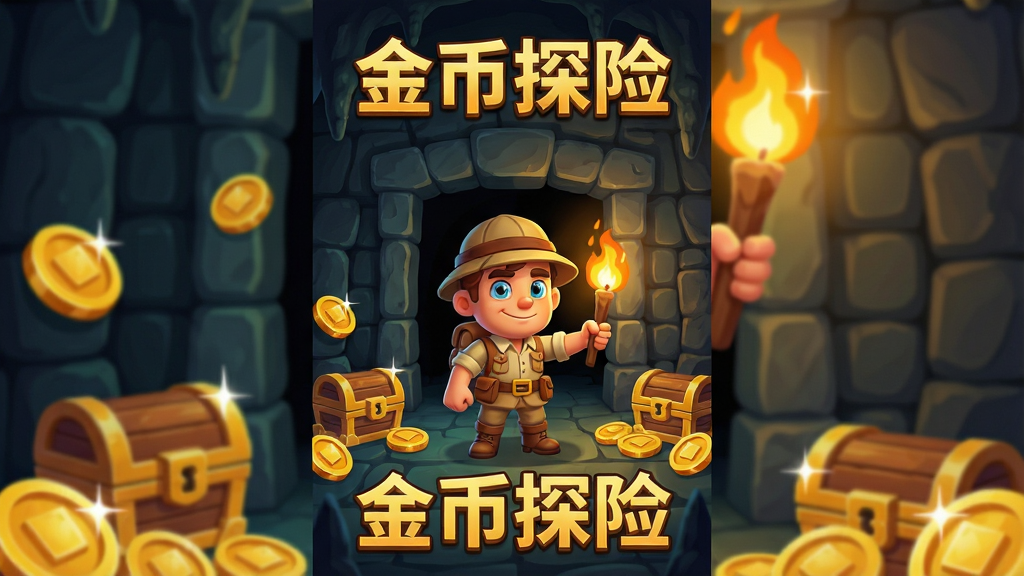 一张以金币探险为主题的手机游戏画面,画面中央是一位卡通风格的探险家角色手持火把站在地下城入口,周围散落着闪闪发光的金币和宝箱,背景是幽暗的洞穴与古老石壁,整体布局采用竖版手机屏幕比例,排版上角色居中、金币环绕四周,风格为色彩明快的卡通渲染,细节包括金币反光、火把光晕、石壁纹理,画质清晰干净无多余元素,画面中打文字“金币探险”