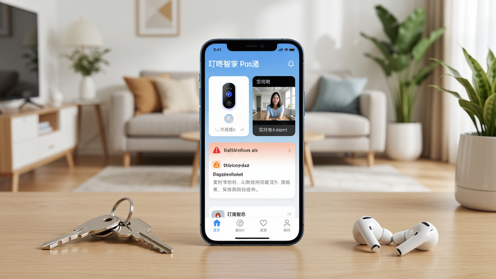 ����������һ�������ֻ�����Ļ����ʾ�š������Ǽҡ�APP����ҳ���棬�����г�����������״̬��Ƭ��ʵʱ��Ƶ������澯��Ϣ���ֻ�������һ�Ÿɾ���ǳɫľ�������ϣ��Ա߷���һ��Կ�׺�һ�����߶�����������������ܰ���ִ��Ҿӿ�������ɳ������ֲ��׺���Ű���þ��й�ͼ�����Ϊдʵ��Ʒ��Ӱ��ϸ����ע����Ļ�������豸�ʸУ����������ɾ����޶���Ԫ�ء�