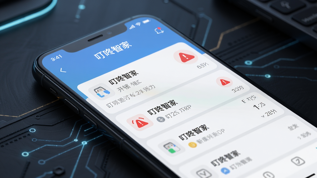 �����������ֻ���Ļ��д����ʾ�������Ǽҡ�APP�Ŀ�����¼�б����棬��¼��Ŀ�������У��Ա��к�ɫ�澯ͼ�ꡣ�ֻ�ƽ������ɫ�����ϣ���Χ�е����ĿƼ��й�Ч���Ű�Ϊ������д�����Ϊ�Ƽ������Ʒչʾ��ϸ����ǿ��UI������ͼ���ʸУ����������ɾ����޶���Ԫ�ء�