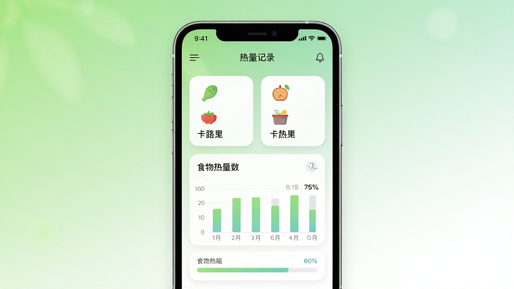 卡路里热量计算工具手机应用界面展示,主体为一部智能手机,屏幕显示热量记录页面与食物热量数据图表,布局居中,背景为清新浅绿色与白色渐变,风格简约现代,细节包含食物图标、数字卡片、进度条,画质高清,干净,无多余元素