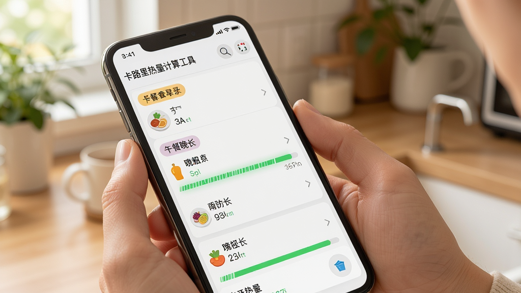 卡路里热量计算工具使用场景图,主体为手机屏幕展示每日饮食记录列表与热量进度环,布局为手持手机近景,风格温馨生活化,细节包含早餐午餐晚餐标签、食物小图标、绿色进度条,画质高清,干净,无多余元素
