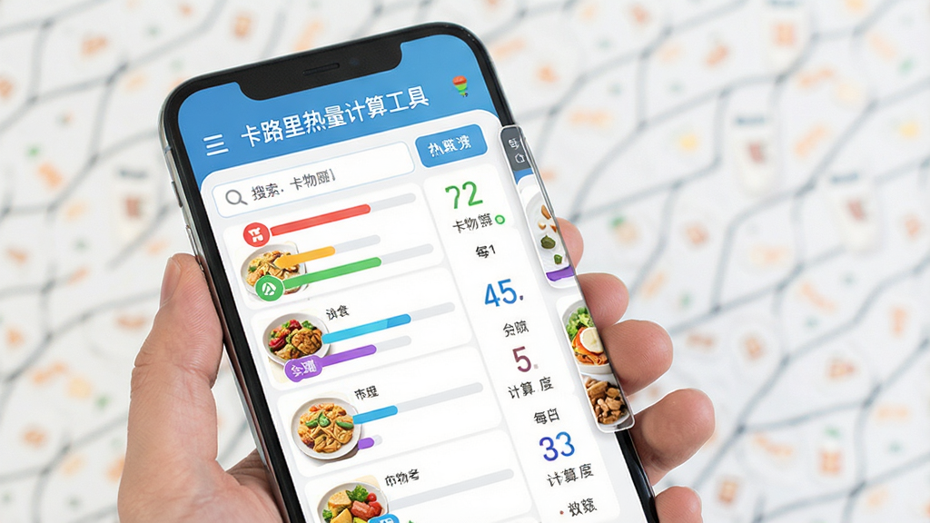 卡路里热量计算工具功能界面,手机屏幕展示食物搜索列表与每日热量统计图表,画面中有“卡路里热量计算工具”文字标识,主体为手持手机,布局为竖屏展示,风格清爽简洁,细节包含彩色数据条、食物缩略图、数字标签,画质高清,干净,无多余元素