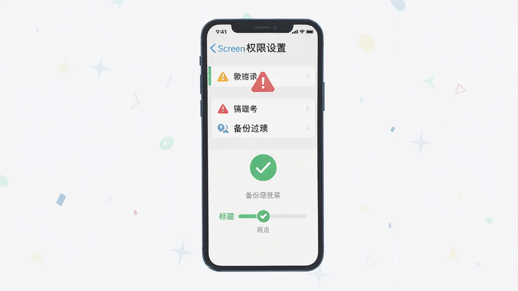 手机屏幕显示权限设置界面和备份进度,主体为手机,布局居中,排版清晰,风格扁平插画,细节有警告图标和绿色对勾,画质高清,干净,无多余元素