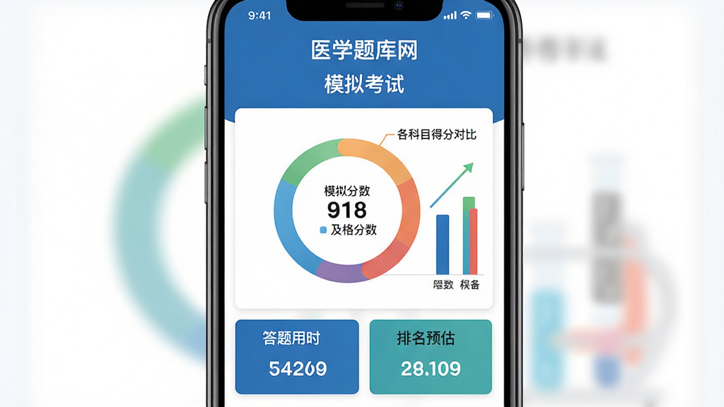 ������ҽѧ�����APP��ģ�⿼�Գɼ�����ҳ�棬����Ϊ�ֻ���Ļ������ʾ�ɼ���������ͼ�����Ŀ�÷�����״ͼ����Ļ�Ϸ���