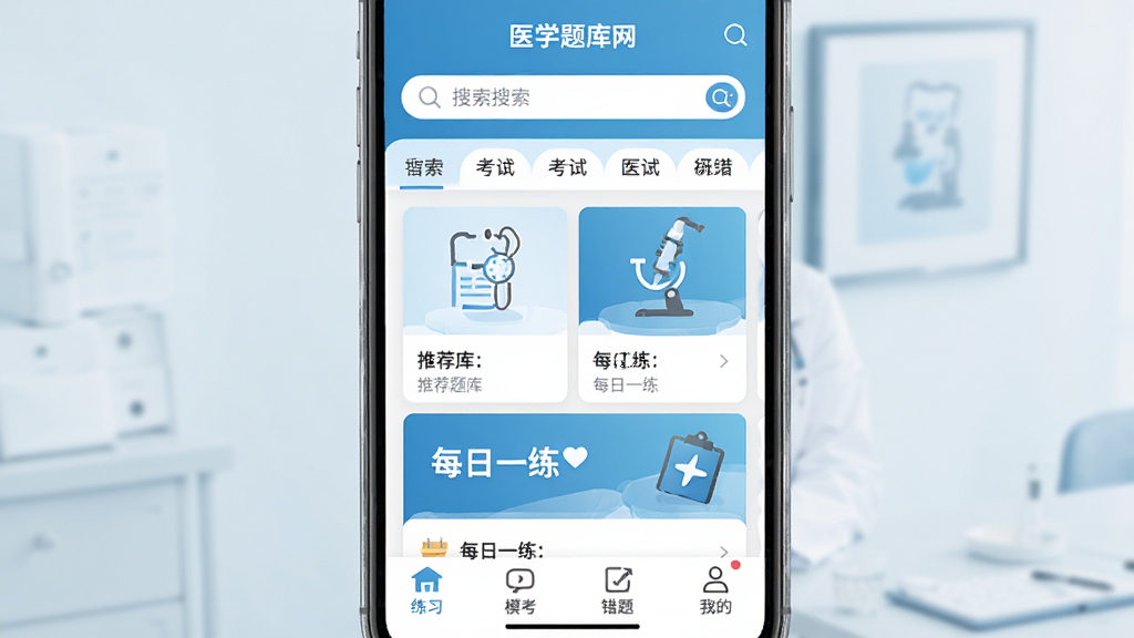������ҽѧ�����APP����ҳ����չʾ������Ϊ�ֻ���Ļ���з��ã��Ϸ����������뿼�Է����ǩ���в����Ƽ���⿨Ƭ��ÿ��һ����ڣ��ײ�����ϰ��ģ�������⡢�ҵ��ĸ�������ť���Ű��������������Ϊ�ִ���Լҽ�Ʒ磬ϸ������Ļ����