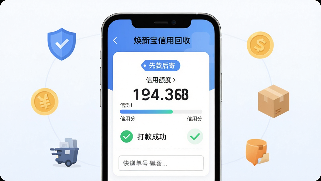 主体为焕新宝信用回收应用中的信用回收页面,画面中央显示先款后寄标签与信用额度数字;布局为手机屏幕竖版展示,周围环绕盾牌、金币、快递盒等小图标;排版清晰,顶部为焕新宝信用回收名称;风格为清爽商务扁平风;细节包括信用分进度条、打款成功对勾、快递单号输入框;画质高清,干净,无多余元素。
