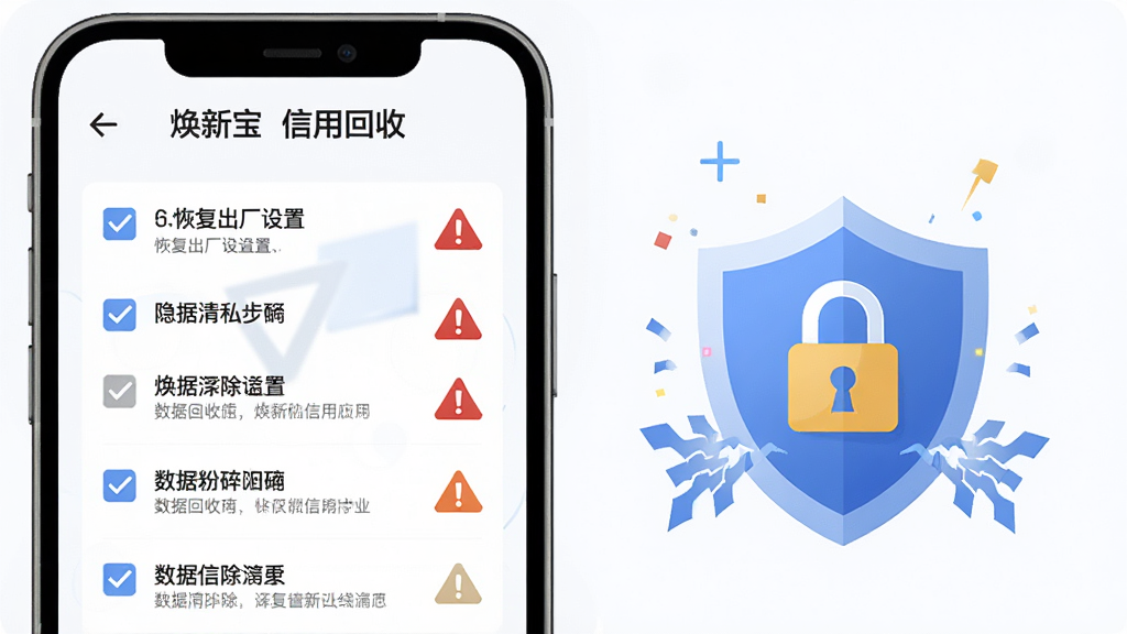 主体为焕新宝信用回收应用中的数据清除指引页面,画面展示手机恢复出厂设置步骤与隐私保护盾牌图标;布局为手机界面截图风格,左侧步骤列表,右侧盾牌与锁形图标;排版整齐,顶部有焕新宝信用回收标题;风格为安全守护主题扁平插画;细节包括勾选清单、警告三角标、数据粉碎动画效果;画质高清,干净,无多余元素。