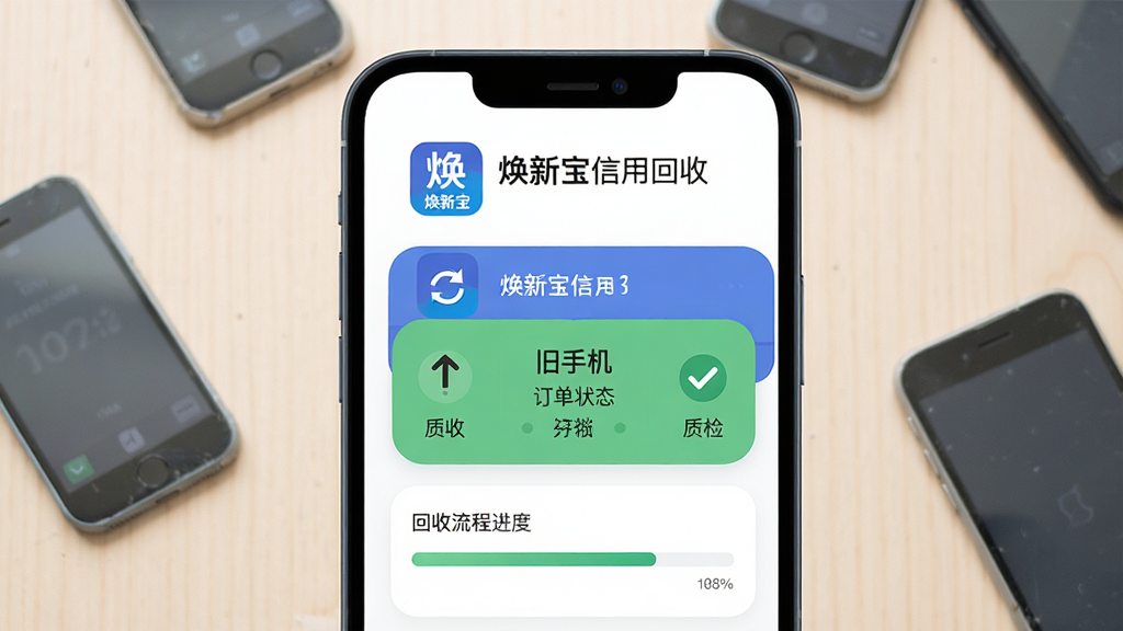 主体为一部智能手机,屏幕上显示焕新宝信用回收应用界面,界面中呈现旧手机估价订单状态与回收流程进度条;布局采用手机正面居中特写,背景为浅色桌面与几台闲置旧手机;排版简洁,上方留白放置应用图标与名称焕新宝信用回收;风格为现代科技感扁平插画;细节包括手机边框圆角、屏幕内文字清晰、回收箭头图标、质检勾选标记;画质高清,干净,无多余元素。