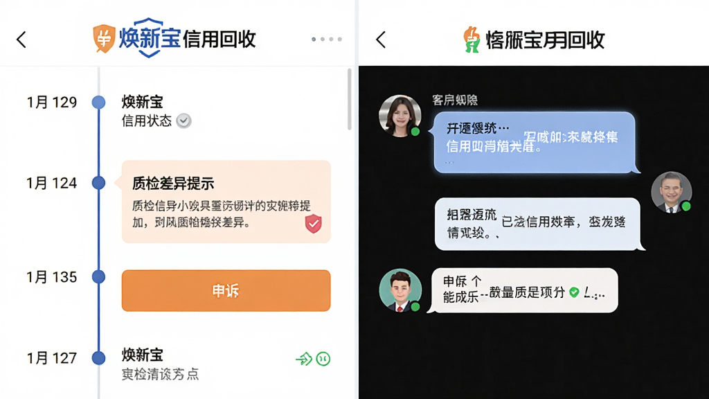 主体为焕新宝信用回收应用中的订单详情页与客服聊天窗口并排展示;布局为左右分栏,左侧订单状态时间轴,右侧客服对话气泡;排版清晰,顶部有焕新宝信用回收标志;风格为简洁明快的扁平UI风格;细节包括质检差异提示框、申诉按钮、客服头像、已读未读标记;画质高清,干净,无多余元素。