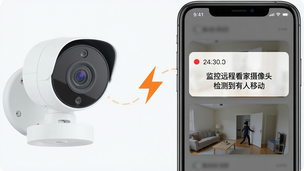 画面左侧为摄像头设备,右侧为手机屏幕弹出告警通知,通知内容显示“监控远程看家摄像头 检测到有人移动”,中间用闪电符号连接表示实时传输,布局为左右分屏,风格为简洁扁平化设计,细节包括红色告警圆点、时间显示、画面缩略图,画质高清,干净,无多余元素