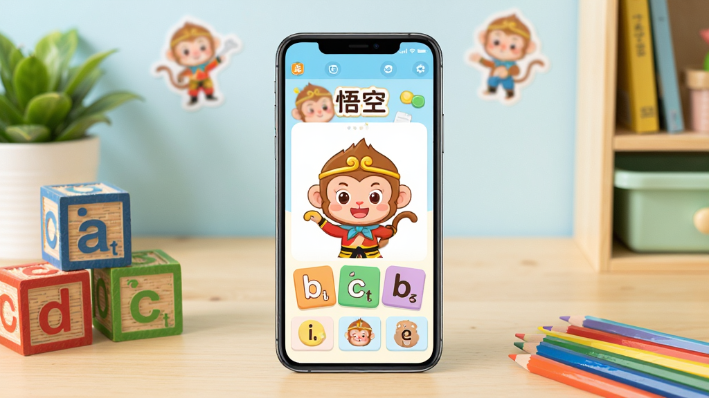 ���ƴ������������չʾ�������������һ�������ֻ����ֻ���Ļ����ʾ���ƴ��APP�Ŀ�ͨƴ��ѧϰ���棬������տ�ͨ����Ͳ�ɫƴ����ĸ��Ƭ���ֻ���Χɢ����ƴ����ĸ��ľ�Ͳ�ɫǦ�ʣ������������Ķ�ͯ�鷿���������������¿ɰ���ɫ��������ͣ�ϸ�ڰ���ľ����������ɫ���ԡ���ͨ��ֽ�����ʸ��壬�ɾ����޶���Ԫ��
