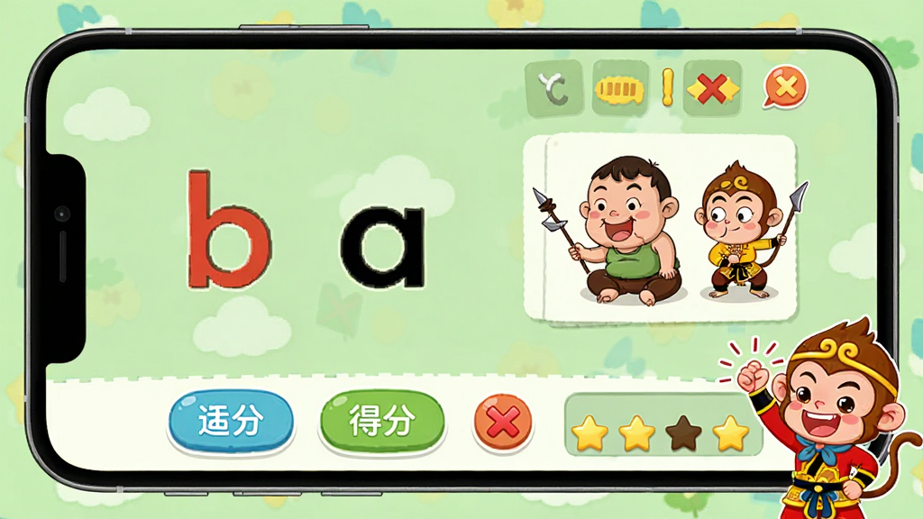 ���ƴ��ƴ����ϰ���棬����չʾ�ֻ���Ļ����ĸb����ĸa��ϳ�ba���Ա��ж�Ӧ�Ĵ���ְ֡��Ϳ�ͨ�����ͼ�������·���ѡ��ť�͵÷���ʾ����ͨС����ڽ�����ͣ�����Ϊ����ɫ�����ͯȤ���£�ϸ�ڰ���ƴ����Ƭ���Դ�����ͼ�ꡢ�������ǣ����ʸ��壬�ɾ����޶���Ԫ��
