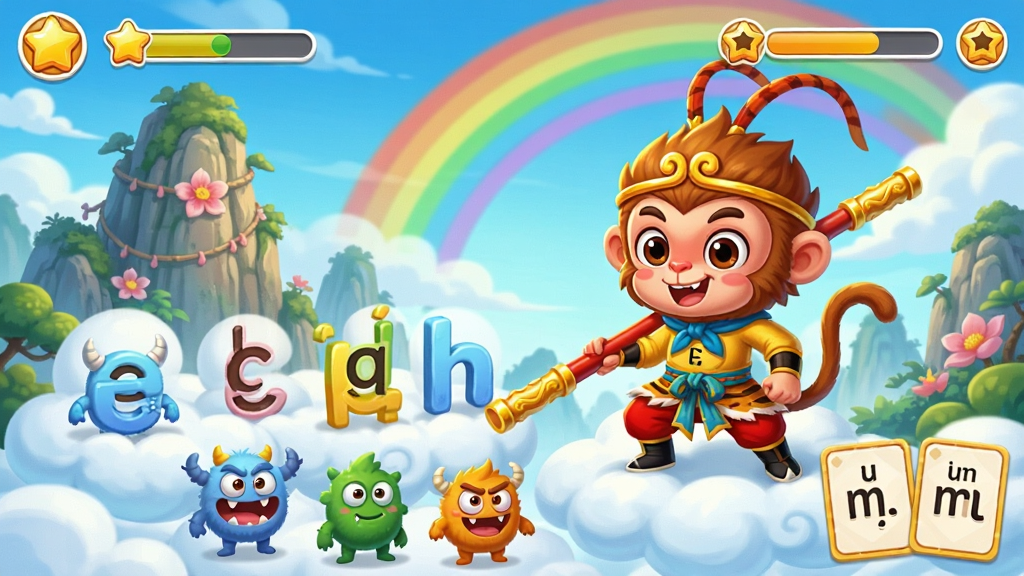 ���ƴ������ѧϰ���棬����չʾ��ͨ������ֳֽ𹿰�վ��ƴ����ĸ��ɵ��ƶ��ϣ�ǰ����ƴ����ĸС��������ǻ���ɽ��ʺ磬����ɫ���������ã����Ϊ��ͯ�廭�磬ϸ�ڰ������ǽ���ͼ�ꡢ��������ƴ����ĸ��Ƭ�����ʸ��壬�ɾ����޶���Ԫ��