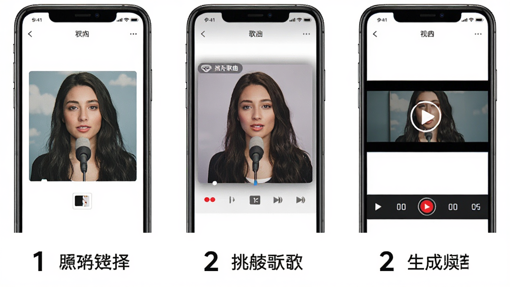 一张展示AI照片唱歌软件操作步骤的示意图,画面分为三个部分,从左到右依次是选择照片、挑选歌曲、生成视频的界面截图,每个部分下方有数字序号和简短文字说明。背景为纯白色,风格简洁明了,画质清晰,无多余元素。