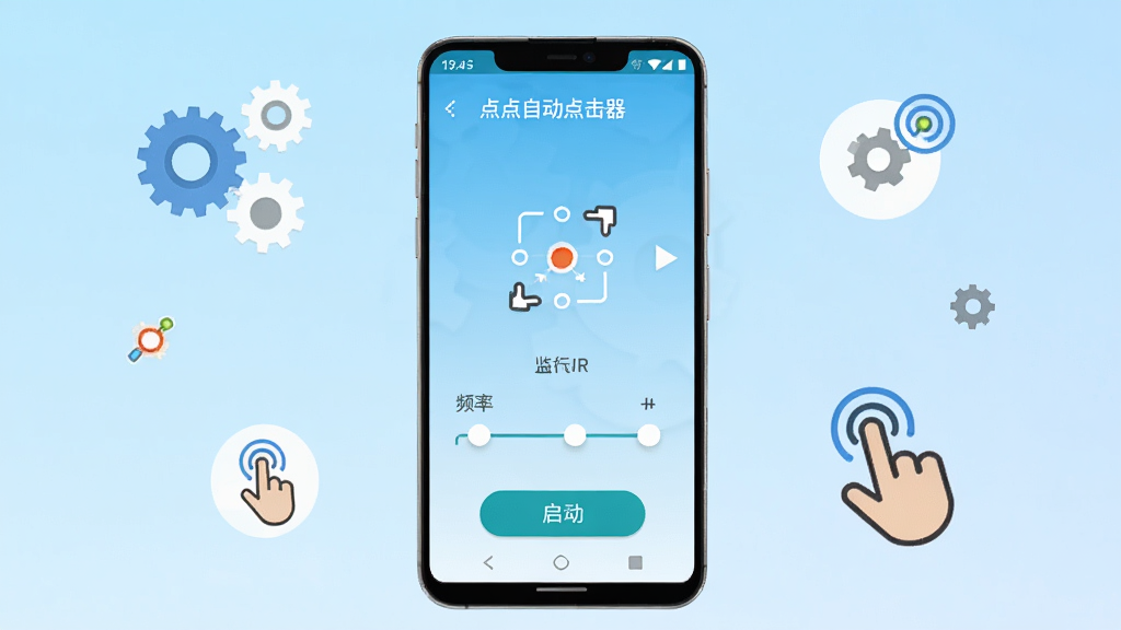 一部安卓手机屏幕中央显示“点点自动点击器”应用界面,界面中包含点击位置标记、频率滑块和启动按钮,背景为浅蓝色渐变,手机周围有齿轮和手指点击的图标装饰,整体风格简洁现代,画质清晰,干净无多余元素。