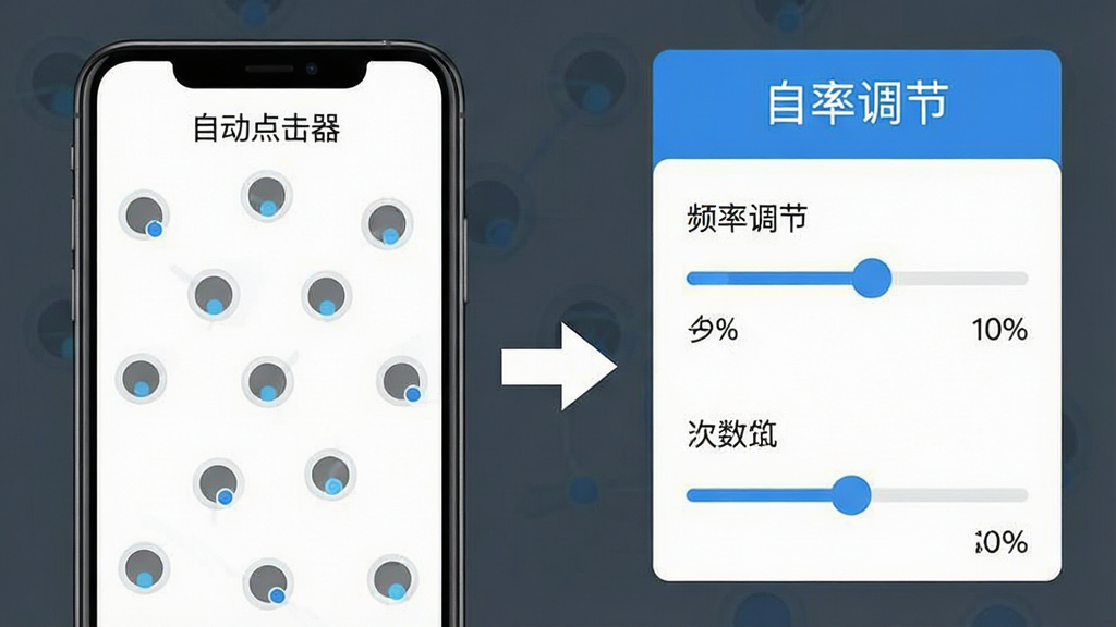“点点自动点击器”功能展示图,画面左侧为手机屏幕显示多点点击标记,右侧为频率调节面板和次数设置滑块,中间用箭头连接,整体布局清晰,风格为扁平化设计,画质干净,文字标注“自动点击”“频率调节”等字样。