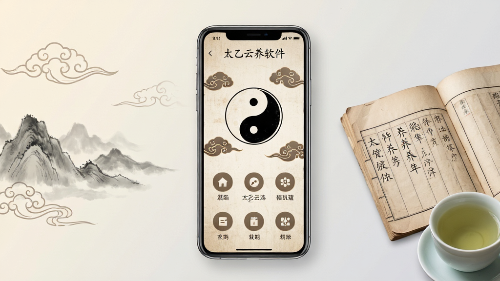 太乙云养软件主界面展示图,画面中央放置一部智能手机,屏幕显示古朴风格的养生应用界面,包含太极图案、云纹装饰与功能图标。背景为淡雅的米白色与浅灰色渐变,左侧点缀水墨风格的远山与祥云,右侧放置一本摊开的养生古籍与一杯清茶。整体布局采用居中构图,风格为新中式简约风,细节注重光影柔和与材质质感,画质清晰干净,无多余元素。