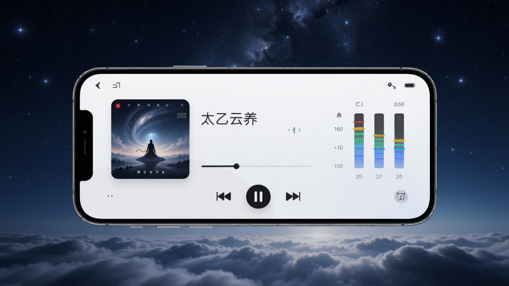 太乙云养音乐播放界面展示图,画面中央展示一部横屏手机,屏幕显示音乐播放器界面,包含专辑封面、播放进度条与均衡器特效。背景为深邃的夜空与点点星光,底部有淡淡的云海流动,风格宁静悠远,画质清晰干净,无多余元素。