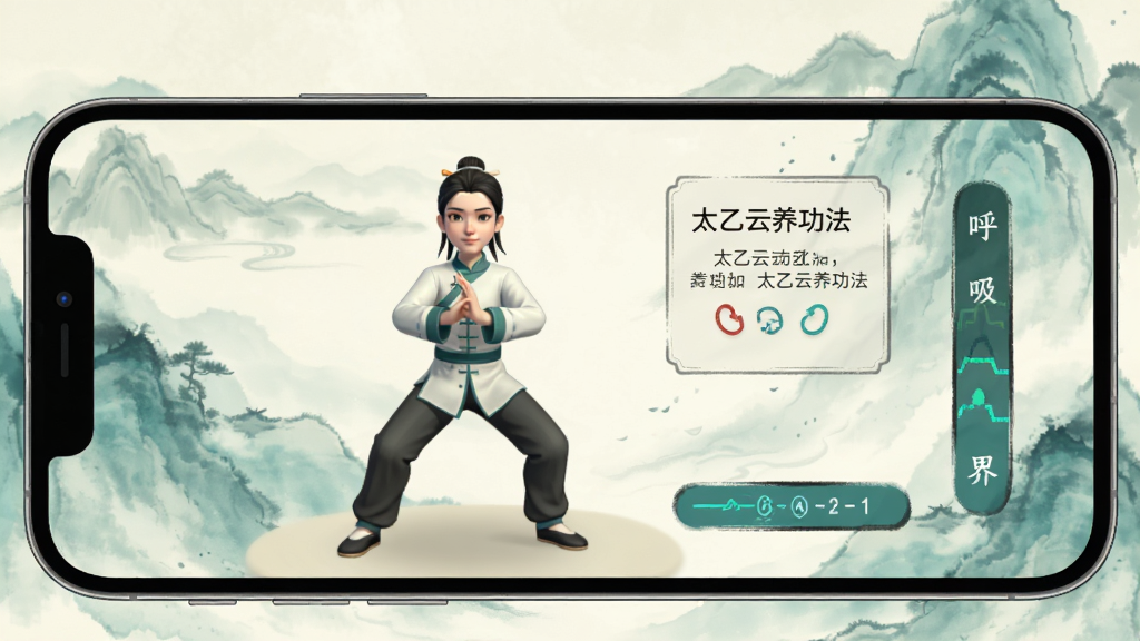太乙云养功法引导界面展示图,画面主体为手机屏幕特写,屏幕中显示一位虚拟人物正在进行养生功法动作演示,旁边配有文字说明框和呼吸节奏指示条。背景为柔和的水墨晕染效果,色调以青绿与米白为主,风格清新雅致,画质细腻干净,无多余元素。