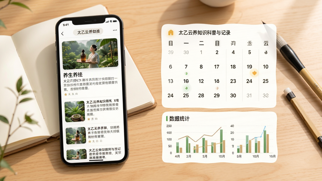 太乙云养知识科普与记录界面展示图,画面左侧为手机屏幕显示图文并茂的养生文章列表,右侧为打卡日历与数据统计图表。背景为温暖的浅木色桌面,放置着笔记本与毛笔,风格温馨自然,画质清晰干净,无多余元素。