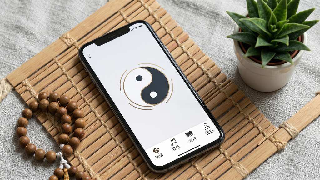太乙云养应用功能概览图,画面为一部手机平放在竹席上,屏幕显示软件首页,首页包含功法、音乐、知识、我的四个底部导航图标,页面中央有太极云纹装饰。手机旁边放置一串佛珠与一盆小型绿植,背景为浅灰色亚麻布纹理,风格素雅极简,画质清晰干净,无多余元素。